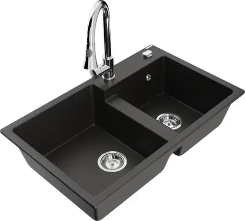 Kuchynské drezy MEXEN/S MEXEN/S - Tomas granitový drez 2-bowl vrátane batérie Elia, čierna/zlatá metalik 6516-75-670101-00