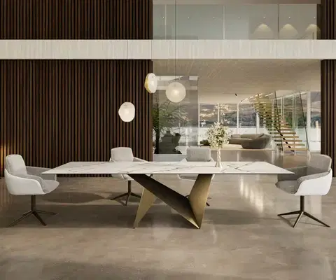 Jedálenské stoly DELIFE Jedálenský stôl Edge 300x100 keramika Calacatta Luxe bielo-zlato-šedá Origami metalická zlatá