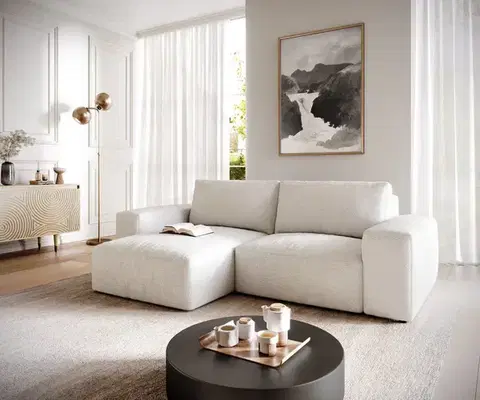 Rohové sedacie súpravy DELIFE Rohová pohovka Lanzo L 260x160 cm bouclé bielo-krémová ležadlo variabilné