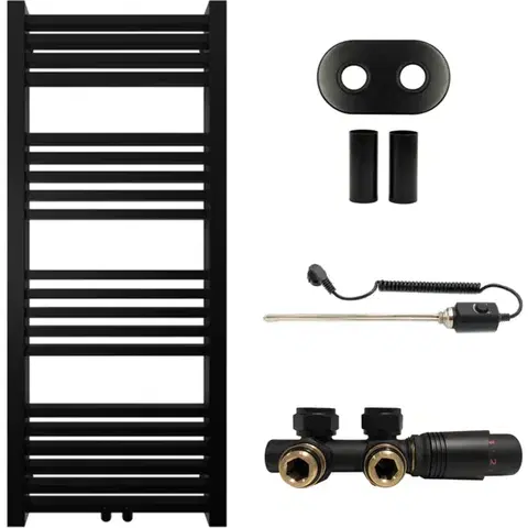Doplnky do kúpeľne CERANO - Kúpeľňový radiátorový set Franko - kombinované vykurovanie, termo tyč - stredové pripojenie 50 mm - 300W - čierna matná - 1200x500 mm CER-663337