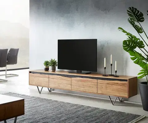 Televízne stolíky DELIFE TV stolík Stonegrace 220x35 cm akácia prírodná 4 dvierka masívna hrana