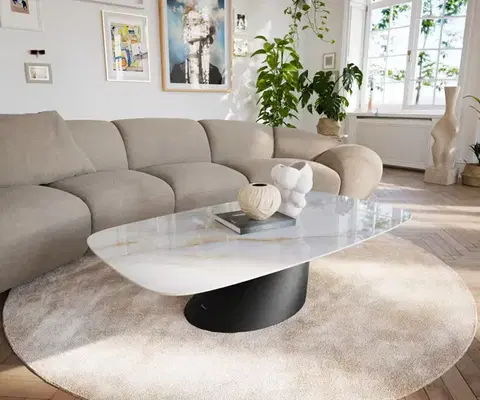 Konferenčné stolíky DELIFE Konferenčný stolík Edge zaoblený tvar 140×80 cm keramika onyx perla salto kov čierna