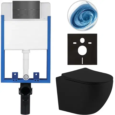 Záchody CERANO - Kompletný WC set Profi/Cesso - čierna matná - WC tlačidlo Line - tmavo šedá - na zamurovanie - 49x36 CER-8050BD84384