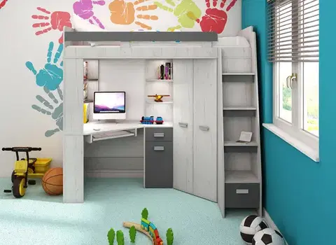 Detské izby MEBLOCROSS Antresola P zostava do detskej izby craft biely / grafit