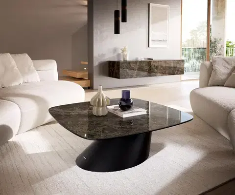 Konferenčné stolíky DELIFE Konferenčný stolík Edge zaoblený tvar 90x90 cm keramika Laminam® Emperador Extra Lucidato tmavohnedá konická kov čierna