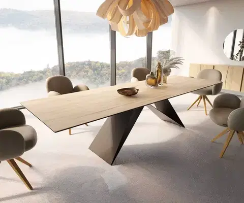 Jedálenské stoly DELIFE Jedálenský stôl Edge 300x100 keramika Laminam® piesková dubová farba podstava v tvare V plochá oceľ čierna