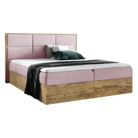 Postele KONDELA Wood 2 boxspringová manželská posteľ ružová / dub lancelot