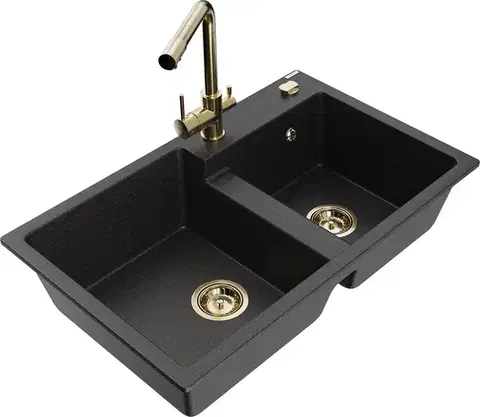 Kuchynské drezy MEXEN/S MEXEN/S - Tomas granitový drez 2-bowl vrátane batérie Duero, čierna/srebrny metalik 6516-73-671600-50