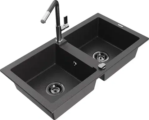 Kuchynské drezy MEXEN/S MEXEN/S - Mario granitový drez 2-bowl vrátane batérie Flora, čierna kropenatá 6504-76-670401-08-B