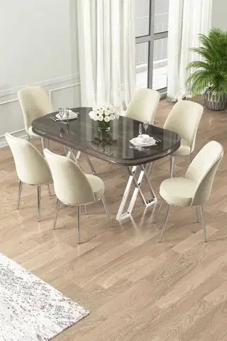 Jedálenské sety Dining Table & Chairs Set (7 Pieces) Lai - Anthracite, Chrome, Cream