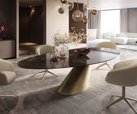 Jedálenské stoly DELIFE Jedálenský stôl Edge oválny 280x130 keramika Laminam® Emperador Extra Lucidato tmavohnedá kužeľ metalická zlatá
