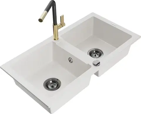 Kuchynské drezy MEXEN/S MEXEN/S - Mario granitový drez 2-bowl vrátane batérie Flora, biela 6504-20-670401-57-B