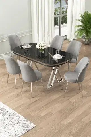 Jedálenské sety Dining Table & Chairs Set (7 Pieces) Lai - Black Marble, Chrome, Grey