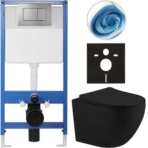 Záchody CERANO - Kompletný podomietkový WC set Lite/Cesso - čierna matná - WC tlačidlo Classic, tmavo šedá - predstenová inštalácia / sadrokartón - 49x36 CER-605750