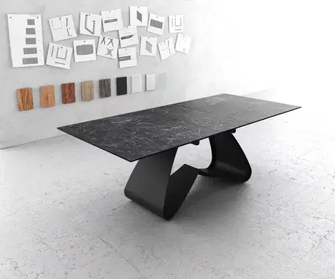 Jedálenské stoly DELIFE Jedálenský stôl Edge 180-220x90 keramika Laminam®Nero Greco antracitová podstava v tvare W čierna rozkladací