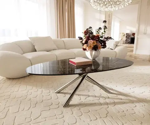 Konferenčné stolíky DELIFE Konferenčný stolík Edge oválny 140x75 cm keramika Laminam® Emperador Extra Lucidato tmavohnedá Sarity nerezová oceľ kefovaná