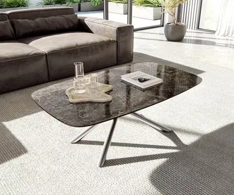 Konferenčné stolíky DELIFE Konferenčný stolík Edge zaoblený tvar 120x70 cm keramika Laminam® Emperador Extra Lucidato tmavohnedá Sarity nerezová oceľ kefovaná