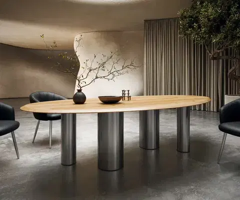 Jedálenské stoly DELIFE Jedálenský stôl Edge oválny 280x130x2,5 dub prírodný pilier nerezová oceľ kefovaná Flow-Edge