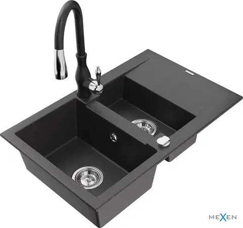 Kuchynské drezy MEXEN/S MEXEN/S - Gaspar granitový drez 1.5 s odkvapkávačom vrátane batérie Savita, čierna kropenatá 6507-76-672601-70