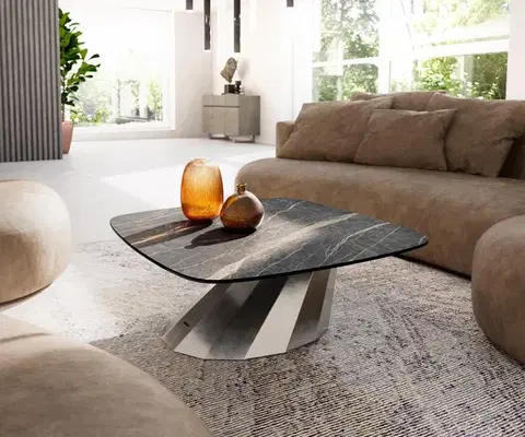 Konferenčné stolíky DELIFE Konferenčný stolík Edge zaoblený tvar 90x90 cm keramika Laminam® Noir Desir hnedá Parabi nerezová oceľ kefovaná