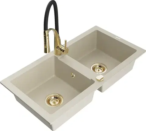 Kuchynské drezy MEXEN/S MEXEN/S - Mario granitový drez 2-bowl vrátane batérie Aster, bážová 6504-69-73450-57-G