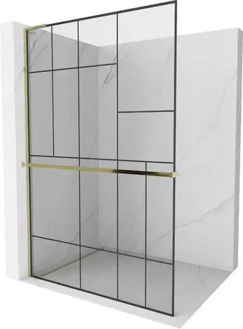 Sprchové dvere MEXEN/S - Kioto+ L Sprchová zástena WALK-IN s poličkou a držiakom uterákov 100 x 200, čierny vzor, zlatá 800-100-123-50-78
