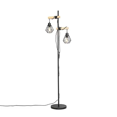 Stojace lampy Rustikálna stojaca lampa čierna s drevom 2-svetlo - Chon
