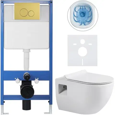 Záchody CERANO - Kompletný WC set Profi/Dure - biela lesklá - WC tlačidlo Duo/Zlatá - predstenová inštalácia - 51x35 CER-8050BD84285