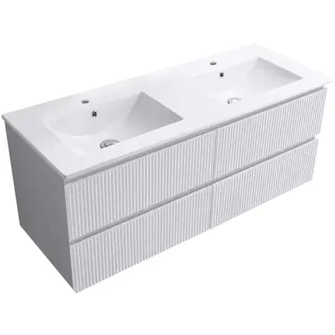 Kúpeľňový nábytok CERANO - Kúpeľňová skrinka Carole + keramické dvojumývadlo Todo - biela matná ryhovaná - 121x50x46,5 CER-104519