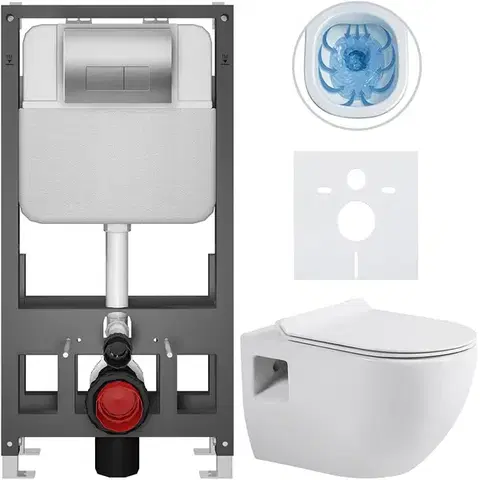 Záchody CERANO - Kompletný WC set Basic/Dure - biela lesklá - WC tlačidlo Modulo/Strieborná - voľne stojaca - predstenová inštalácia - 51x35 CER-8050BD85915