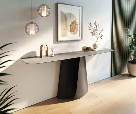 Konzolové stolíky DELIFE Konzolový stolík Edge zaoblený tvar 180×40 cm keramika betón sivá Livos kov čierna