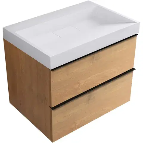 Kúpeľňový nábytok CERANO - Kúpeľňová skrinka Velora - dub medový, úchytka čierna + umývadlo z lit. mramoru Vita - biela lesklá - 70x63x46,5 CER-8050BD84040