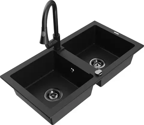 Kuchynské drezy MEXEN/S MEXEN/S - Mario granitový drez 2-bowl vrátane batérie Elia, čierna 6504-77-670101-70-B