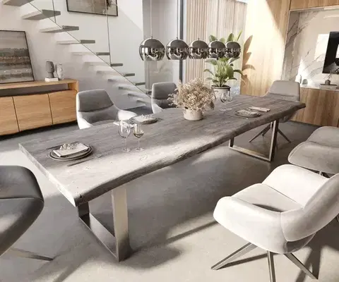 Jedálenské stoly DELIFE Jedálenský stôl Edge 300x100 XL akácia platinová nerezová oceľ úzky Live-Edge