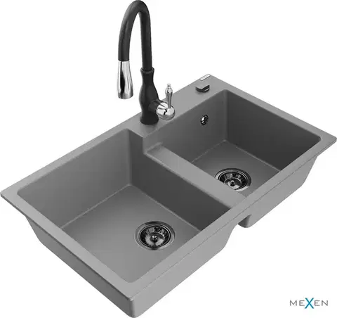 Kuchynské drezy MEXEN/S MEXEN/S - Tomas granitový drez 2-bowl vrátane batérie Savita, šedá 6516-71-672601-70-B