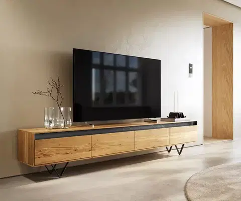 Televízne stolíky DELIFE TV stolík Stonegrace 240 cm dub prírodný 4 dvierka podstava v tvare V kov čierna