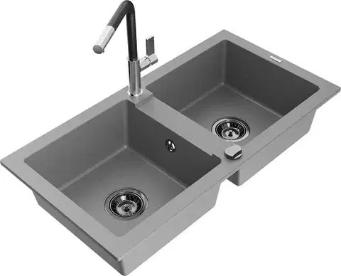 Kuchynské drezy MEXEN/S MEXEN/S - Mario granitový drez 2-bowl vrátane batérie Flora, šedá 6504-71-670401-07-B