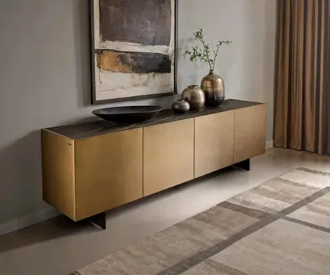 Komody DELIFE Komoda Kazu 220 cm metalická zlatá 4 dvierka závesná kov čierna keramika Laminam®Noir Desir hnedá