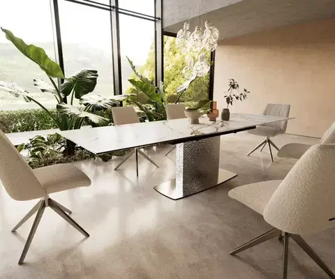 Jedálenské stoly DELIFE Jedálenský stôl Edge 200-300x100 keramika Calacatta Luxe bielo-zlato-šedá Wave nerezová oceľ rozkladací