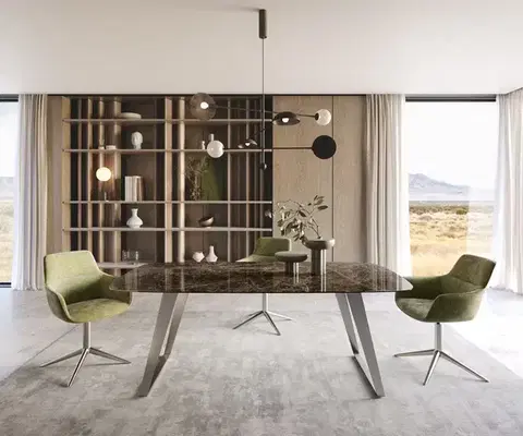 Jedálenské stoly DELIFE Jedálenský stôl Edge zaoblený tvar 200x100 cm keramika Laminam® Emperador Extra Lucidato tmavohnedá nerezová oceľ šikmý