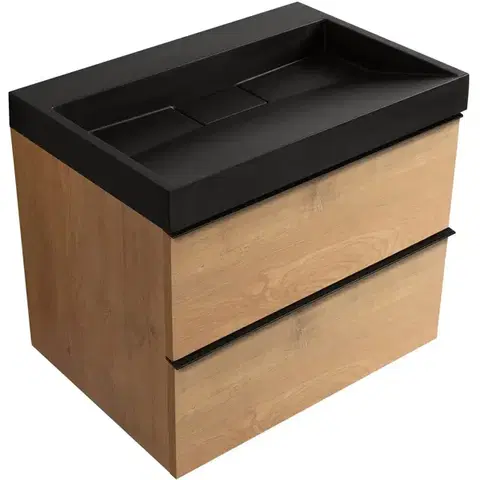 Kúpeľňový nábytok CERANO - Kúpeľňová skrinka Velora - dub medový, úchytka čierna + umývadlo z lit. mramoru Vita - čierna matná - 70x63x46,5 CER-8050BD84038