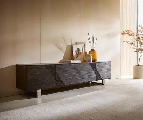 Televízne stolíky DELIFE TV stolík Tereos 220 cm jaseň tmavohnedá 3D efekt 4 dvierka tenká podstava nerezová oceľ kefovaná