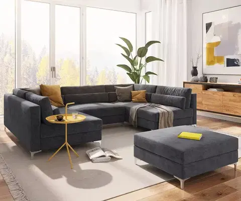 Sedacie súpravy XL DELIFE Pohovka v tvare U Elio 300x185 cm mikrovlákno grafitová s taburetom