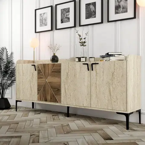 Komody Konzolový stolík Venedik - Walnut, Travertine