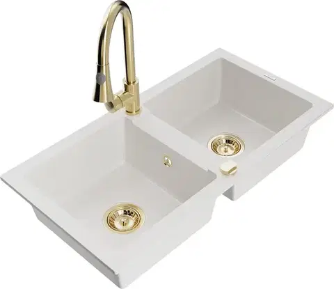 Kuchynské drezy MEXEN/S MEXEN/S - Mario granitový drez 2-bowl vrátane batérie Elia, biela 6504-20-670101-50