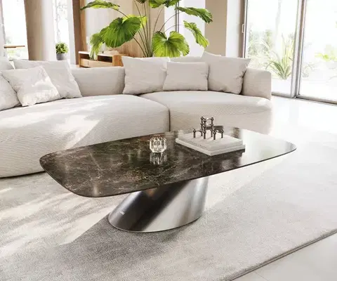 Konferenčné stolíky DELIFE Konferenčný stolík Edge oválny 140x80 cm keramika Laminam® Emperador Extra Lucidato tmavohnedá kužeľová nerezová oceľ kefovaná