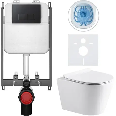 Záchody CERANO - Kompletný WC set Basic/Carlito - biela lesklá - WC tlačidlo Modulo/Čierna - na zamurovanie - 48,5x36,5 CER-8050BD86051