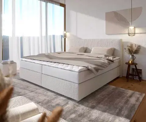 Postele Boxspring DELIFE Boxspring posteľ Dream-Well bouclé krémovo biela 200×200 cm s vreckovou pružinovou matracou a topperom Visco