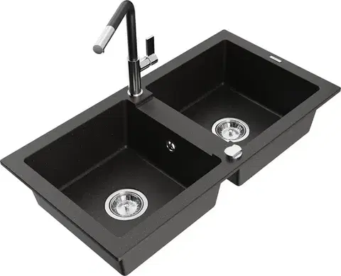 Kuchynské drezy MEXEN/S MEXEN/S - Mario granitový drez 2-bowl vrátane batérie Flora, čierna/zlatá metalik 6504-75-670401-07