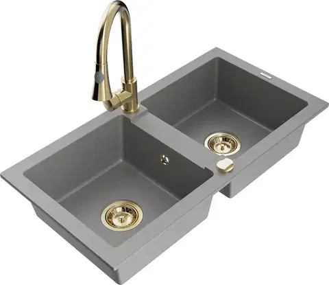 Kuchynské drezy MEXEN/S MEXEN/S - Mario granitový drez 2-bowl vrátane batérie Elia, šedá 6504-71-670101-50